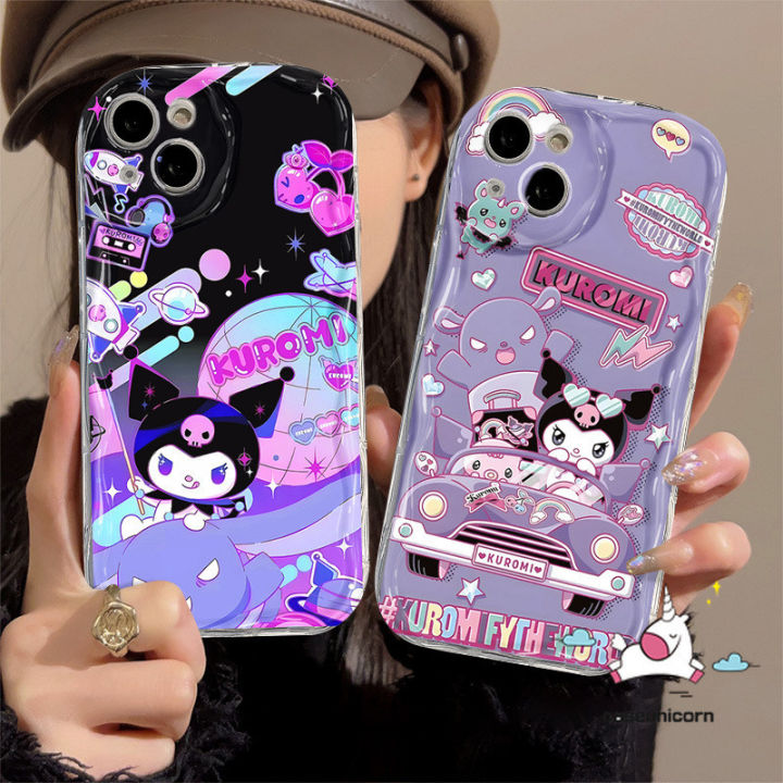 Cartoon Kuromi Dreamy Starry Sky Purple Case Compatible for IPhone 7Plus XR 12 11 14 13 15 Pro Max X XS MAX 15 6S 8 7 Plus SE 2020 Cute Little Bear Doodle 3D Wavy Curved Edge Cover