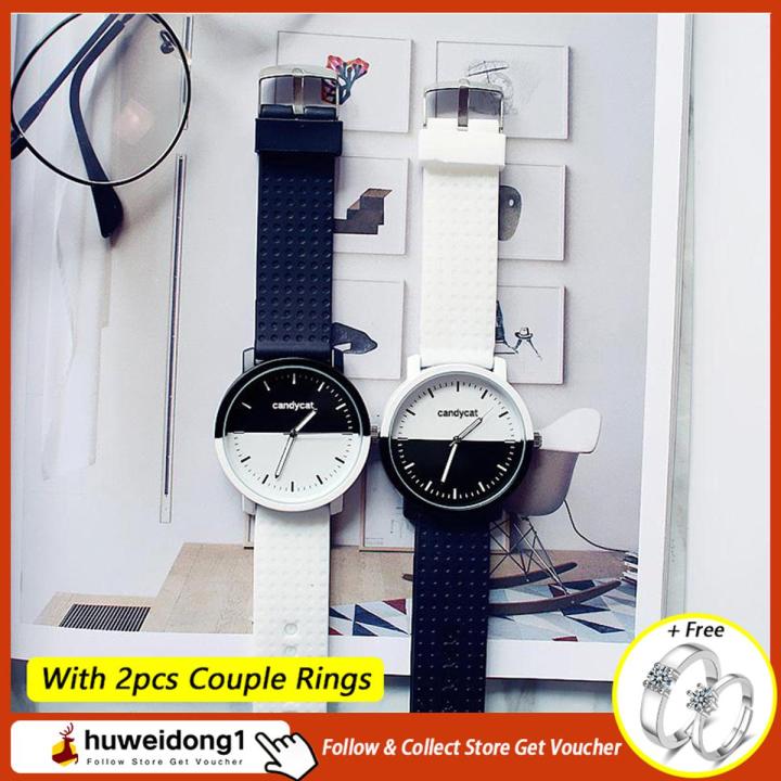 1 Pair Candycat Men Women Lover Couple Watches Fashion Black White Students Simple Retro Quartz Student Watches Large Dial Round Shape Girls Boys Wristwatches