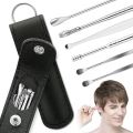 6 Pcs Ear Wax Cleaning Kit, Ear Pick Set,Spring Earwax Cleaner Tool, Reusable Ear Cleaner for Children and Adult Multifunction Portable Personal, Stainless Steel Tool with Portable Fashion Leather Bag- Yellow. 