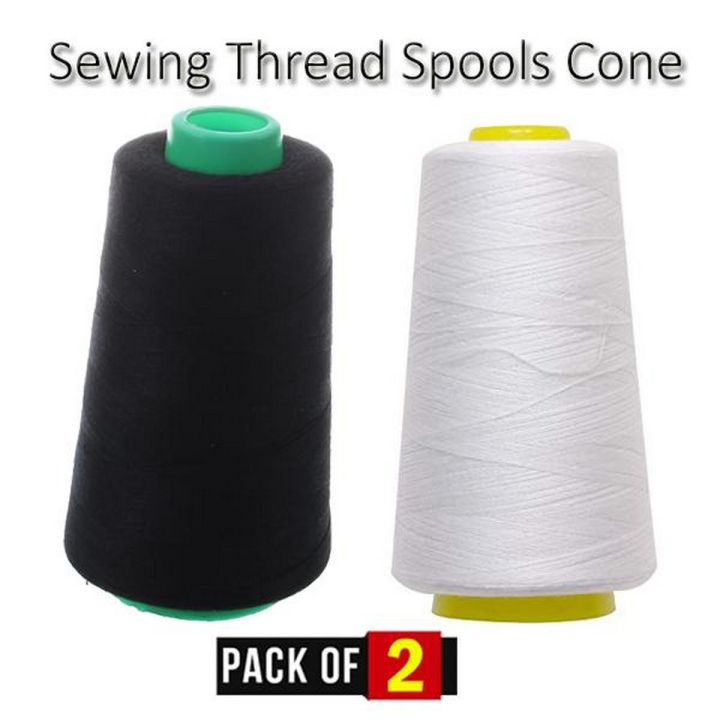 Big Size Black and White Sewing Thread Cone Pack of 02 Jet Black sewing thread specially design for Abaya Sewing Threads Polyester Threads Spool of Threads (40/2 ) for Sewing Machine and Hand (White)