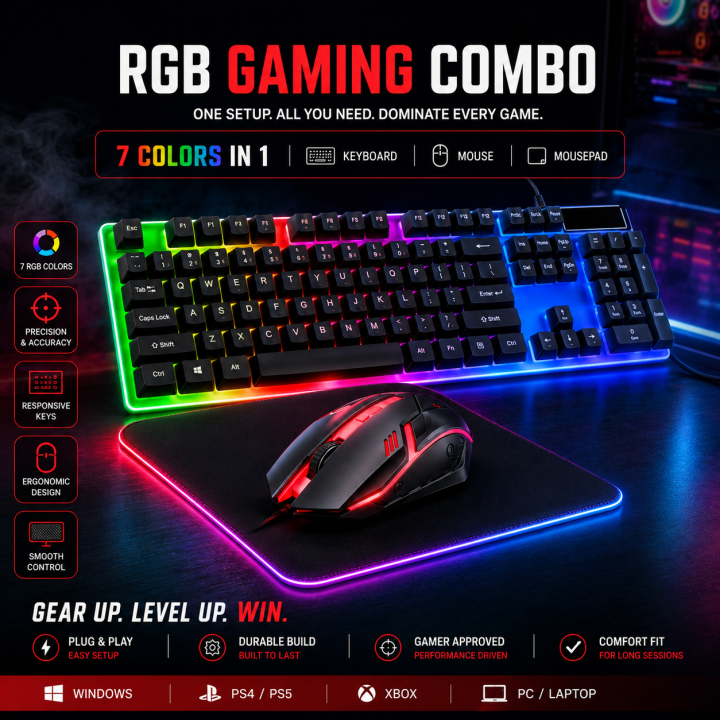 Rgb Gaming Keyboard & Gaming Mouse & Mousepad 3 in 1 Combo Pack - 7 Colour