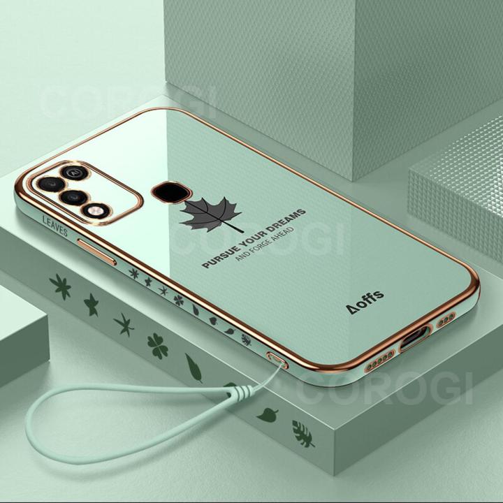 For Infinix Hot 11 Play Back Cover with Lanyard Fashion Shiny Plating Maple Leaf Design Camera Lens Protection Square Edge Soft Silicone Protective Phone Case
