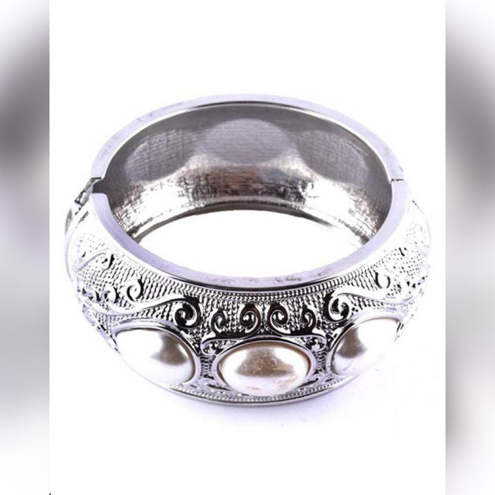 Silver Alloy Bangle With White Stones