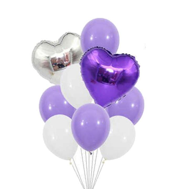 Silver & Purple Hearts Foil Balloons & 10 Latex Balloons