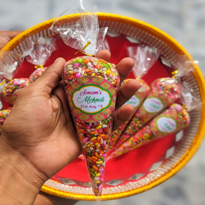 Empty Favour Cones For Sweets (12 Pcs) With Customized Stickers / Mehndi Cone / Dholki Cone / Nikkah Cones In Very Low Price Premium Quality