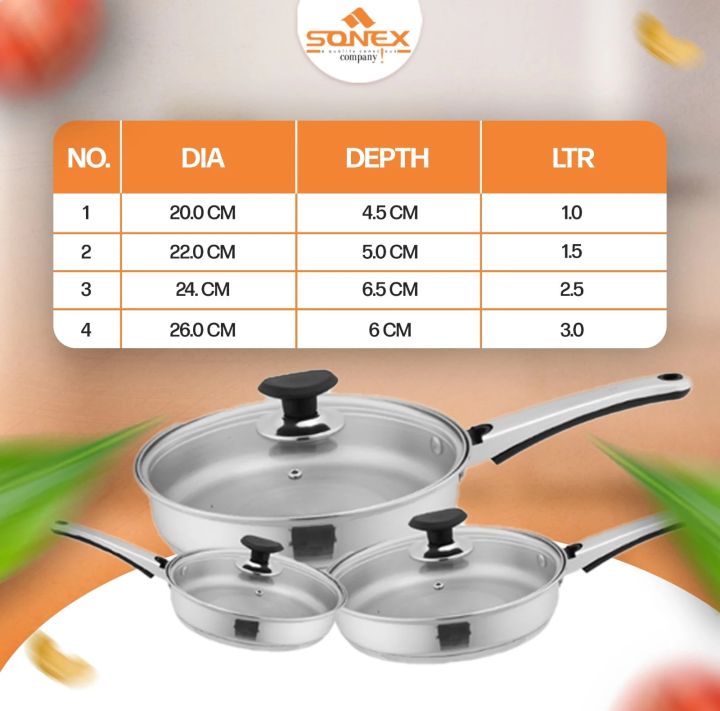 sonex%20Fry%20pan%20with%20glass%20lid%20Stainless%20Steel%20double%20Bottom%20Heavy%20guage%20all%20sizes%20mention%20-%20Image%205