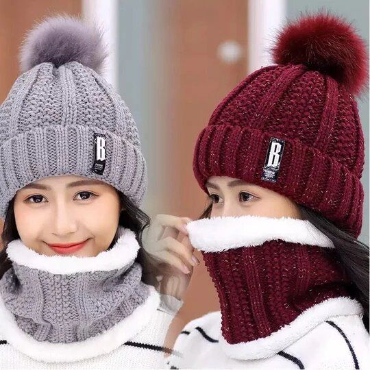 Winter caps for girls Knitted Scarf Hat Set Thick Warm Skullies Beanies Hats for winter cap s for Womens Outdoor Cycling Riding Ski Bonnet Caps Tube Scarf Rings