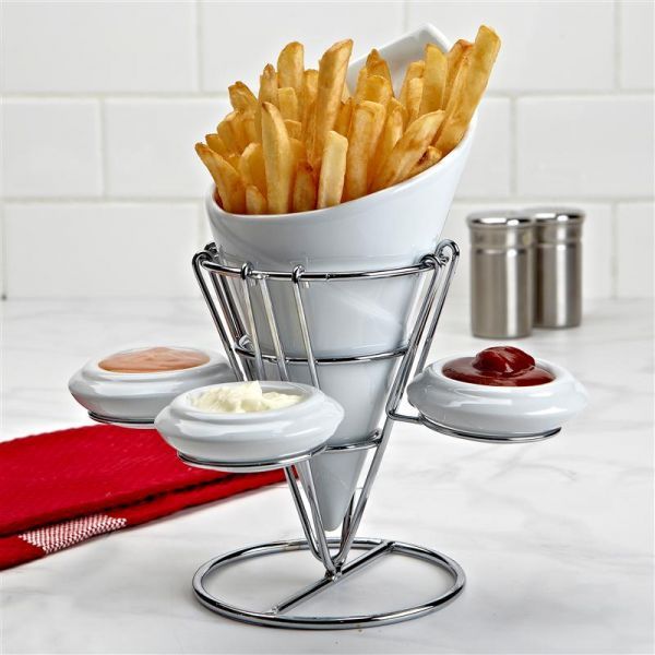 Ceramic French Fry Holder & Ketchup Cups Set, Fries Cone Basket Stand & Sauce Serving