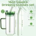 Techmanistan Random Color 400ml Square Glass Mug With Handle, Straw & Lid, Drinking Glass, Adorable Glass Cups with Lids and Straw, Glass Tumbler Coffee Cup Coffee Mug. 