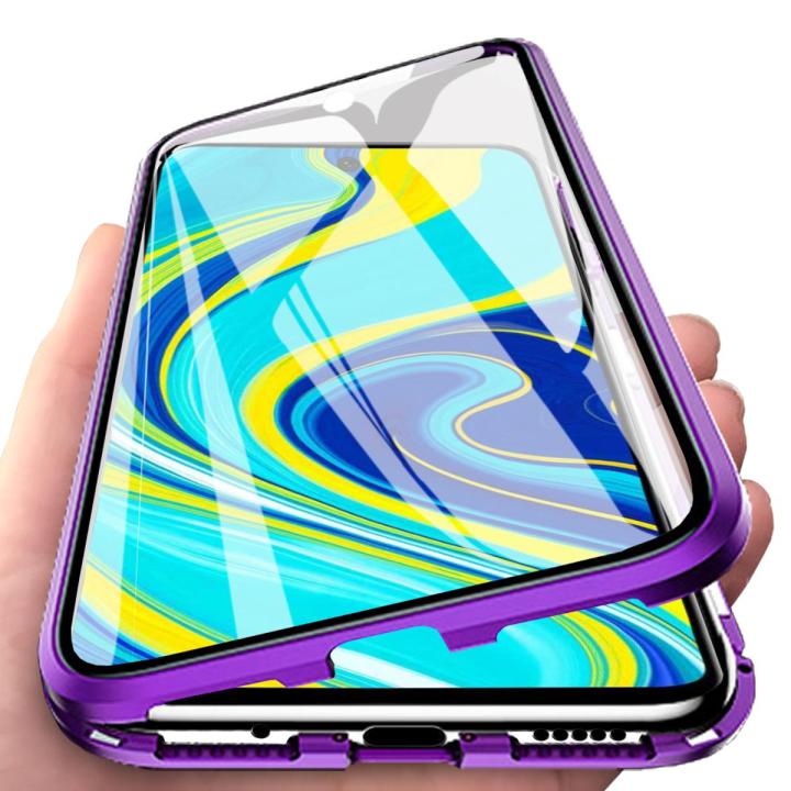 For Xiaomi Redmi Note 9S Casing 360° Full Body Transparent Tempered Glass with Magnetic Adsorption Metal Bumper Case Cover