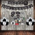 Happy Anniversary Gold & Black Decoration Set With Banner Curtain & Balloons. 