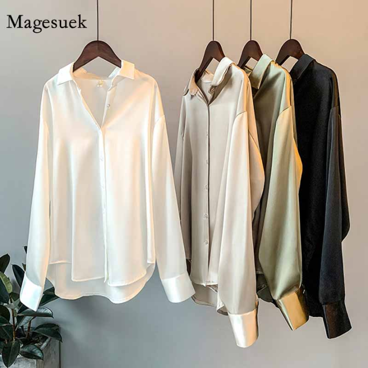 Spring Fashion Button-Up Satin Silk Shirt for Women - Long Sleeve Vintage Blouse