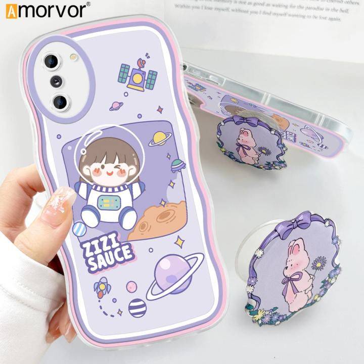 AMORVOR for Samsung Note 10 Back Cover With Free Holder Space Girl Soft Wavy Phone Case Camera Protection Transparent TPU Soft Cover