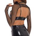 Women O Ring Long Sleeve Sheer Mesh Shrug T-Shirts See-Through Fishnet Cover Up Shirts Mock Neck Mini Crop Top Party Club. 