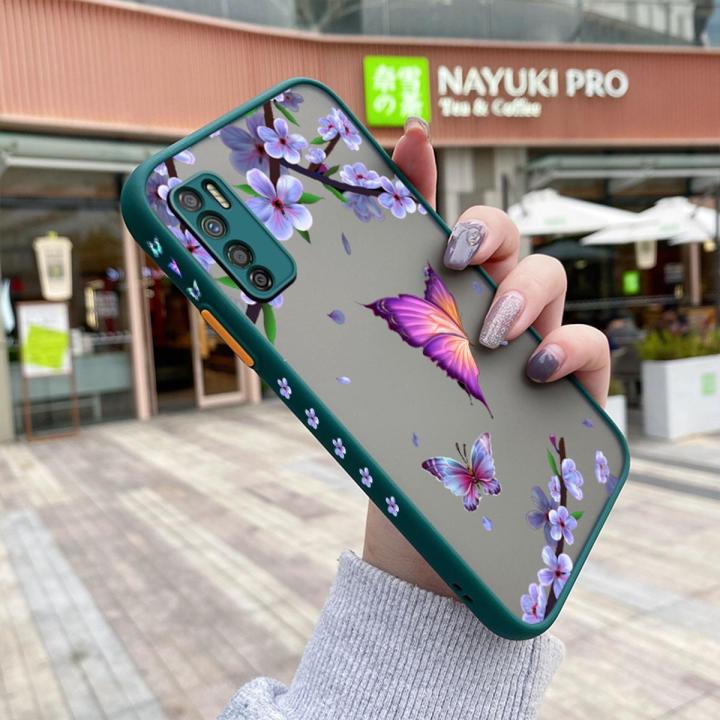 chenyyka For Infinix Note 7 Lite Case Frosted Transparent Hard Phone Case Cartoon Butterfly Side Edge Casing Full Cover Camera Silicone Softcase Pattern Shockproof Protection Cases
