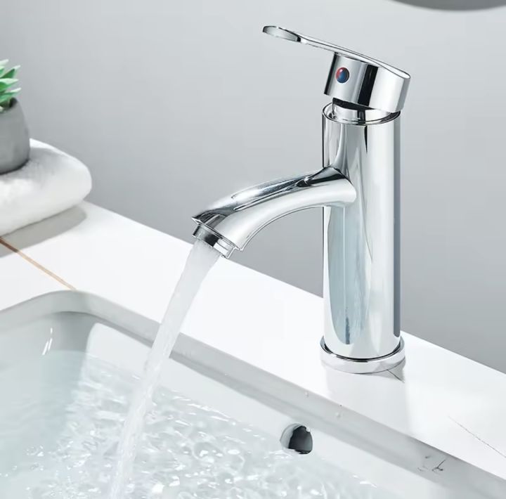 Chrome Color Hot and Cold Basin Mixer Tap – Brass & Plastic – With 2 Water Pipes –Bathroom & Kitchen Sink Mixer – Long Neck Lever Faucet