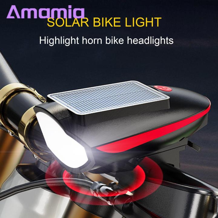 Solar Bicycle Headlight High Brightness Rechargeable Bike Headlight with Horn Solar Power Waterproof Led Bicycle Light with 3 Lighting Modes for Road Bike on Bicycle Headlight