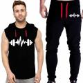 Black Vinyl Dumble Printed Gym Summer Hooded Sleeveless Tracksuit for Mens (Hooded Tshirt + Trouser ). 