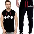 5 Ú Black Vinyl Dumble Printed Gym Summer Hooded Sleeveless Tracksuit for Mens (Hooded Tshirt + Trouser ). 
