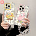 Fashion Cartoon Spongebob Doodle Cute Patrick Star Casing Compatible for IPhone 7Plus 12 11 15 14 13 Pro Max XR XS Max X 15 8 7 Plus Luxury Puff Mirror Make Up Couples Cover. 