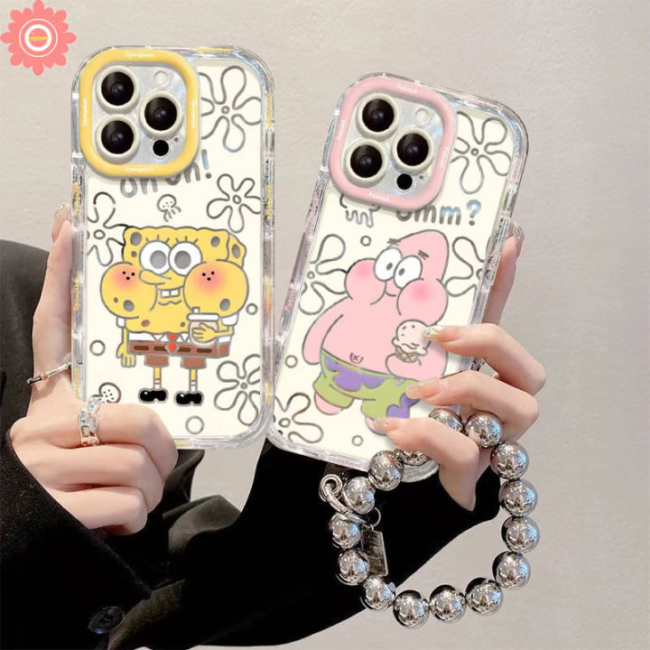 Fashion Cartoon Spongebob Doodle Cute Patrick Star Casing Compatible for IPhone 7Plus 12 11 15 14 13 Pro Max XR XS Max X 15 8 7 Plus Luxury Puff Mirror Make Up Couples Cover