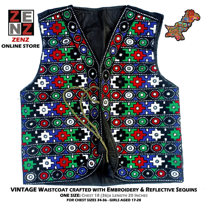 Pakistani Sindhi Balochi Kashmiri Traditional & Cultural Wear Waistcoat Koti Embroidered Zenz Multicoloured Embroidery for Girls & Women
