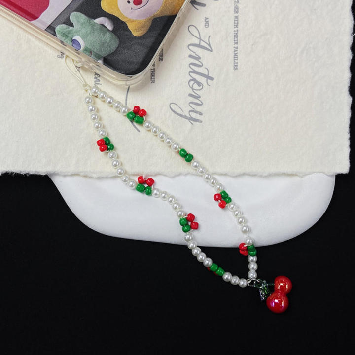 Cute Accessory  Chain Decorative Cherry Design Anti-Lost Beaded Lanyard  Beads Korean Keychain for For iPhone For Samsung Camera Users Jewelry Addition Keyholder