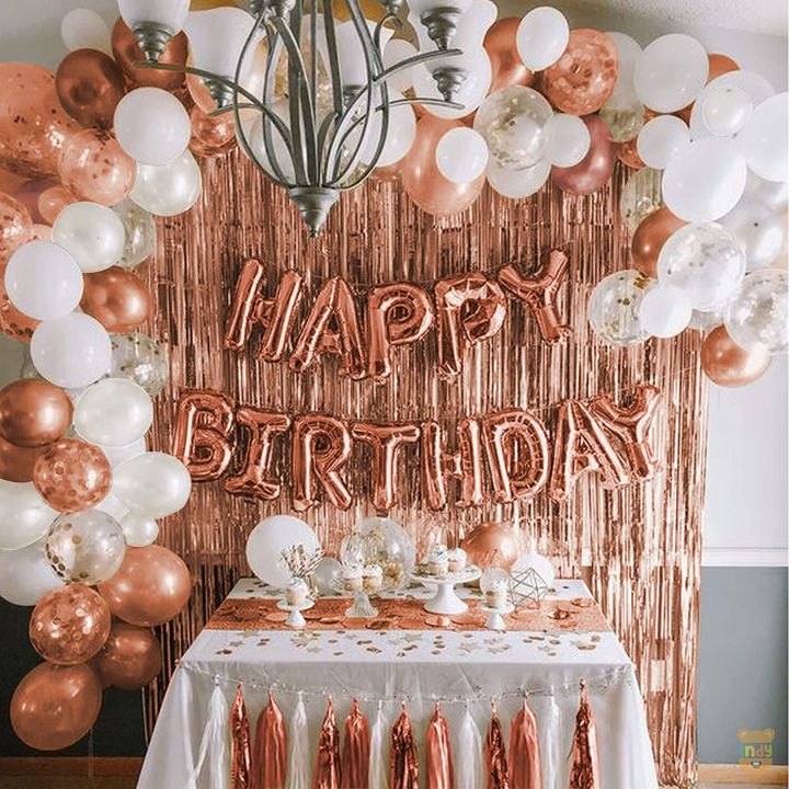 Pleasant Rose Gold Birthday Decoration Including Birthday Foil Curtain 6 x 3 Feet 30 Balloons Confetti Balloons Rose Gold Themes Decorations Rose Gold Items Accessories Home Decorations For Birthda...