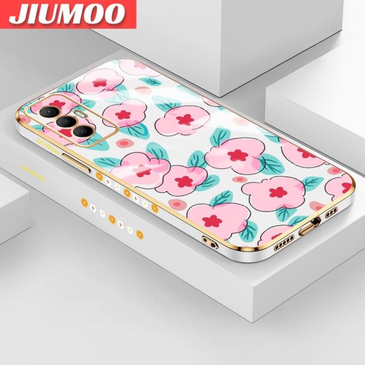 JIUMOO For Tecno Spark 8 Pro Case Cartoon Fashion Flower Side Edge Square Pattern Luxury Plating Phone Case Full Camera Casing Shockproof Protection Cases Soft Back Cover Softcase
