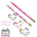 Pack of 2 Unicorn Pencils and 3 Erasers For Kids School Stationary. 