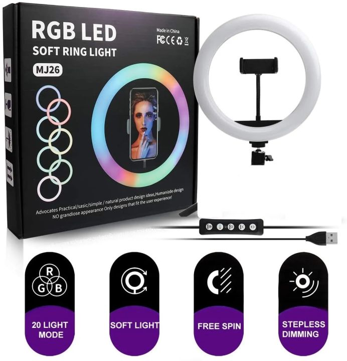 MJ26 10 Inch - RGB Led - Ring Light -  With PHONE HOLDER - Ringlight - Selfie ring light - studio light - tiktok ring light - camera light - studio lights - video light - Circle Ring Selfie -  Led Photographic -  Studio Light -  Youtube Live Show