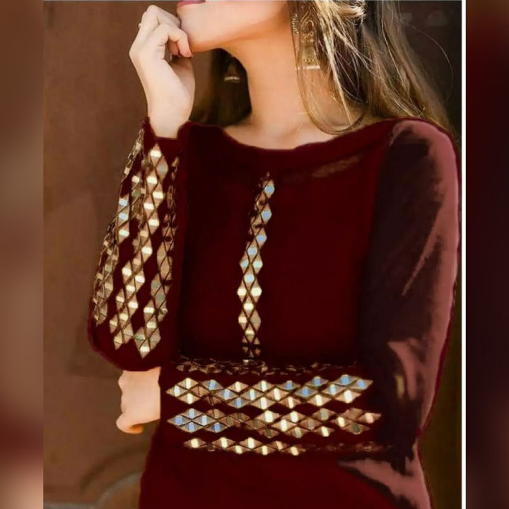 Organza mirror work shirt ( 1 pcs ) work on neck' heavy sleeves and back gala with tussel