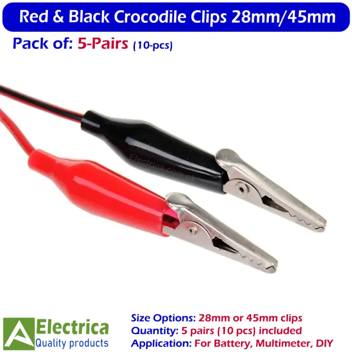 Red%20&%20Black%20Crocodile%20Clips%2028mm/45mm%20%E2%80%93%20Strong%20Alligator%20Clamp%20Connectors%20for%20Battery,%20Multimeter%20&%20DIY%20Electronics%20(5%20Pairs%20or%2010%20Pcs)%20by%20Electrica%20-%20Image%202