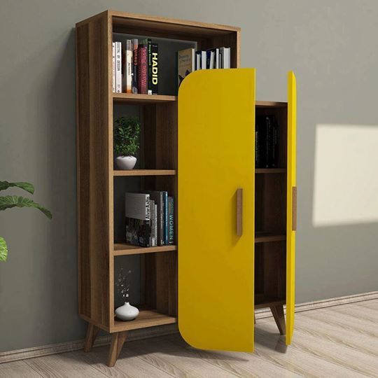 Adjustible Space Saving Book Shelves Cabinet Wooden Almari Bookcase Dual Door Libarary Bookcase For Office & Home