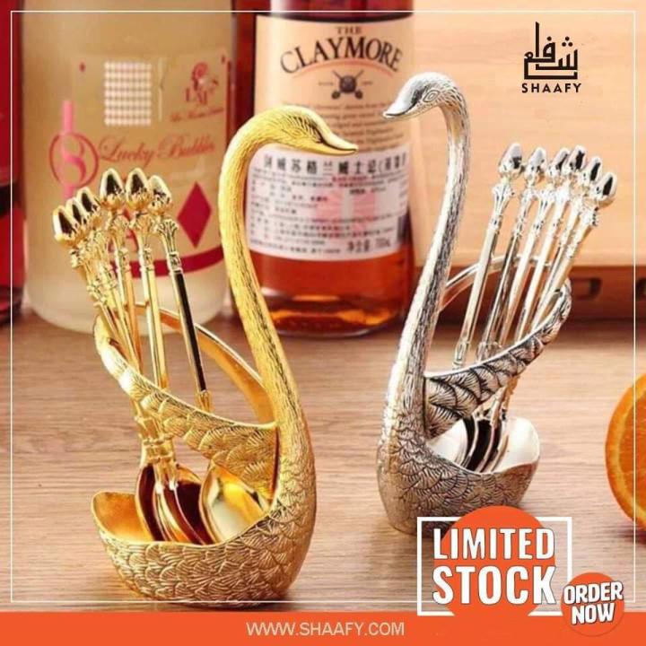 Stainless Steel Swan Base Tea Spoon Set - Golden/Silver