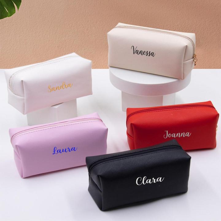 【HOT】 Personalized Embroidery Small Makeup Bag PU Leather Travel Cosmetic Pouch Toiletry Bag For Women Portable Water-Resistant