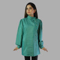Sea green side pleated and pearl button kurti with shirt collar. 
