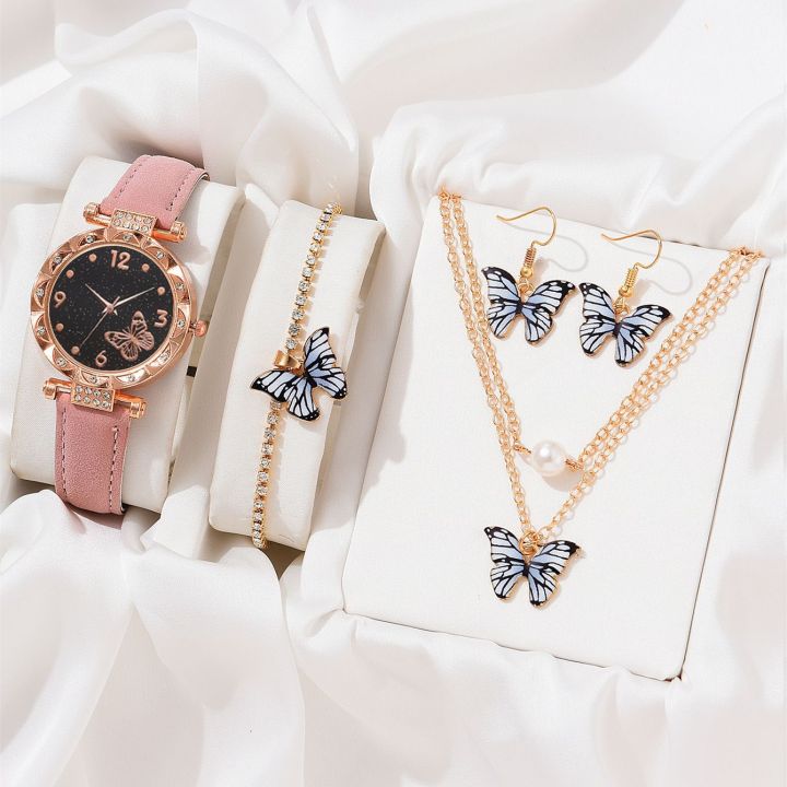 New Arrival! 5pcs Fashion Women's Quartz Watch Set with Butterfly Elements Bracelet Necklace & Ear Pendants in Multiple Colors for Comfortable Wearing Rhinestone Romantic Watch