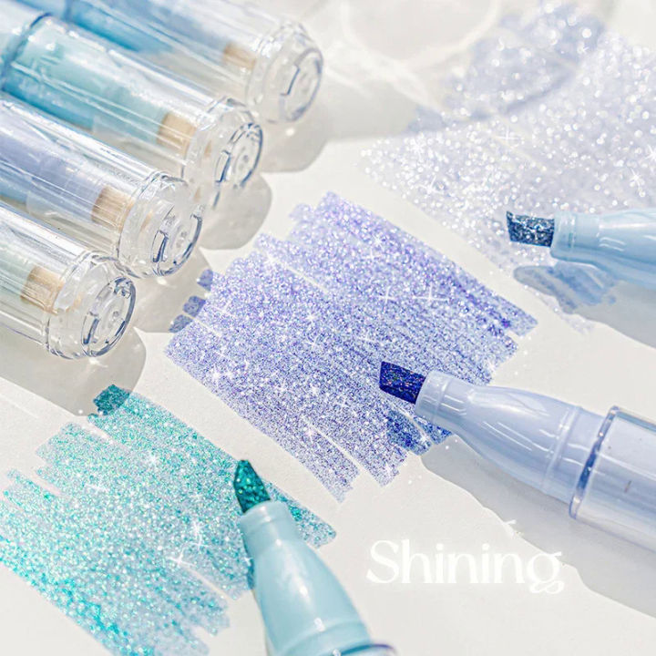【Poggioio】 4pcs Cute Glitter Marker Pens Highlighters Spot Liner Sketch Graffiti Marker Fluorescent Pastel Drawing Painting Art Markers
