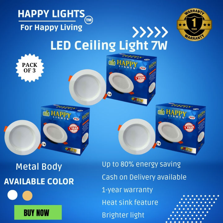(Pack of 3) 7W LED Ceiling Light Metal Body, 130Lm/W, 910 LUMENS LED Downlight 7W with One Year Warranty, High-Quality Energy Saving LED Ceiling Light Manufacturer In Pakistan