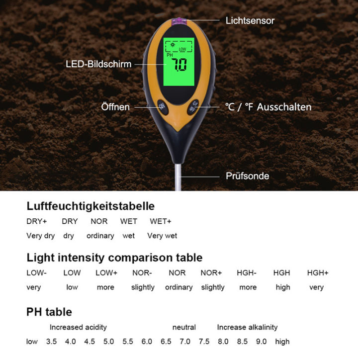 4 in 1 Soil PH Tester Moisture Sunlight Light Test Meter for Garden Plant Lawns MJ