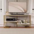 TV Stand for 53 Inch TV, Modern Gold TV Console with Open Storage Shelves, TV Media Stand with White Faux Marble Veneer, Metal Entertainment Center for Living Room, Bedroom, Gold. 