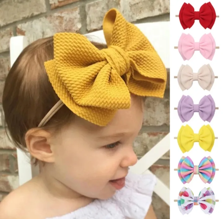 pack%20of%203/5/6%20newborn%20baby%20girls%20hairbands%20bow%20knitted%20soft%20hairbands%20baby%20hair%20accessories%20-%20Image%203