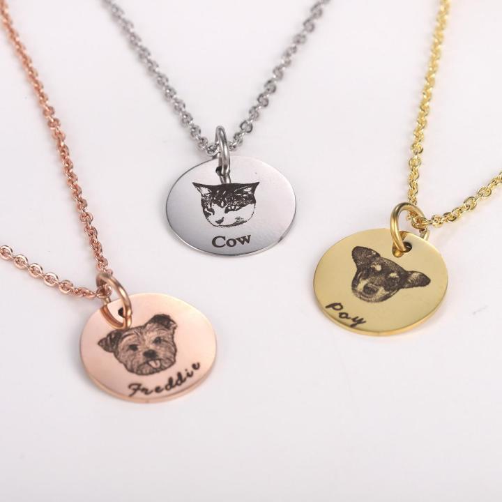 Personalized Pet Photo Disc Necklace For Women Tiny Cat Name Pendant Necklaces Custom Animal 316L Stainless Steel Jewelry