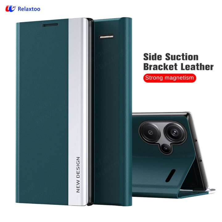 Relaxtoo For Xiaomi Redmi Note 13 4G 5G and Note 13 Pro 4G 5G and Note 13 Pro Plus 5G Luxury Leather Flip Magnetic Cover For Note13 Note13Pro Note13ProPlus Note 13 Pro+ 13Pro+ Side Suction Bracket Case Impact Resistant