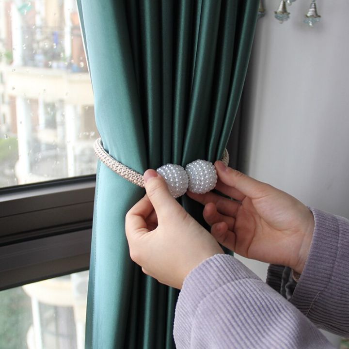 2pcs Curtain Tiebacks Draperies Pearl Magnetic Tiebacks Braided Straps Ball Buckles Punch Free Curtains Hold Clips Curtain Accessories