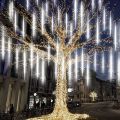 Meteor Shower Lights Outdoor, 11.8 Inch 8 Tubes 192 LED Snowfall Lights, Waterproof Meteor home decor Lights, Hanging Falling Rain Lights for Tree Bushes Holiday Party  Decoration, Blue. 
