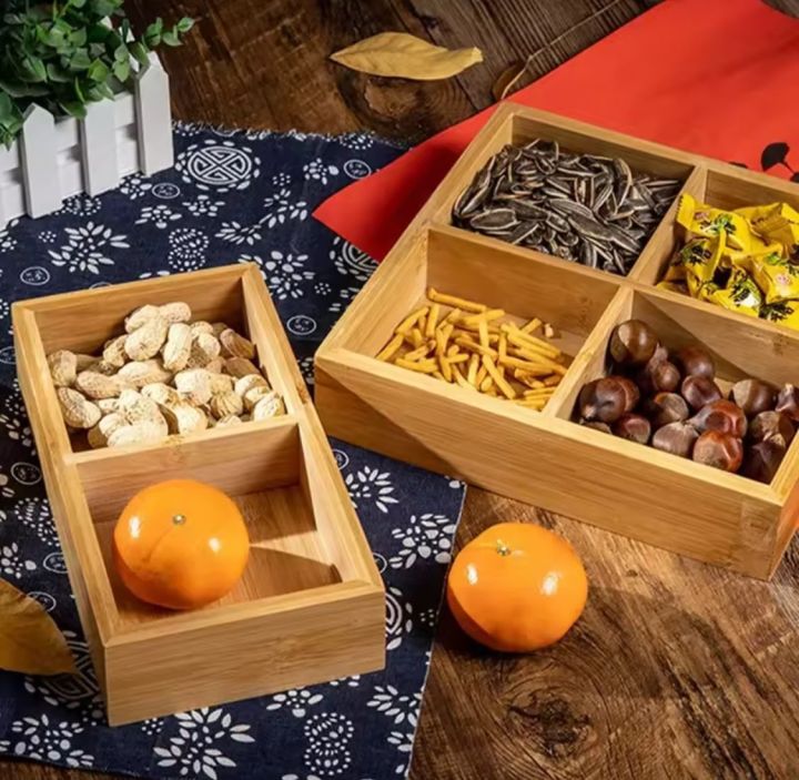 NC - 4 Partitions Bamboo Wooden Divided Nut Storage Bowl Dried Fruit ...