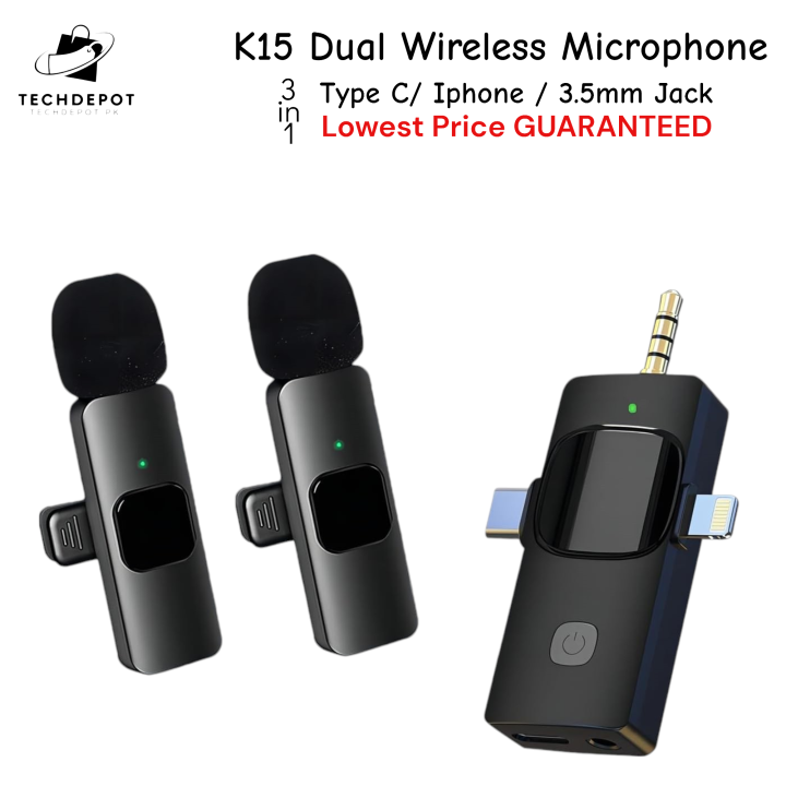 Original K15 Wireless Microphone with Active Noise Cancellation ~ Dual Collar Mic for Mobile Phone, Camera, YouTube, Audio/Video Recording, Vlogging and Live Streaming ~ Compatible with Android (Type c/3.5mm Jack) and iPhone ~ Lavalier Mic by TechDepot