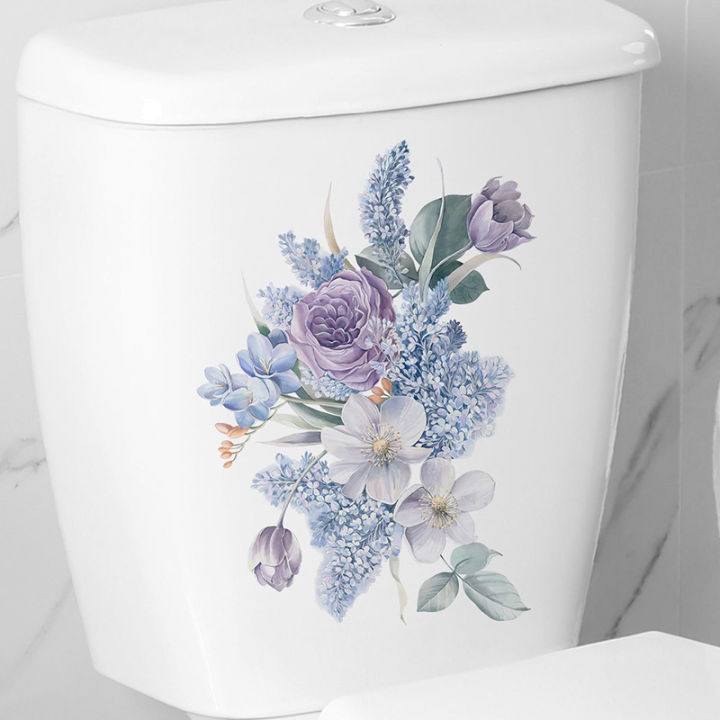 Purple Flower Leaves Wall Sticker Bathroom Toilet Decor Living Room Cabinet Home Decoration Decals Beautify Self Adhesive Mural Conbo